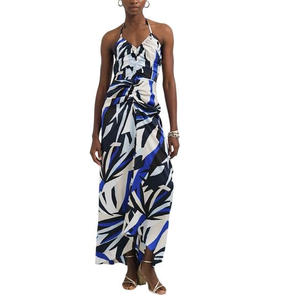 WHBM Satin Halter Maxi Blue Dress NWT $180 Abstract Print Modern - Picture 15 of 16